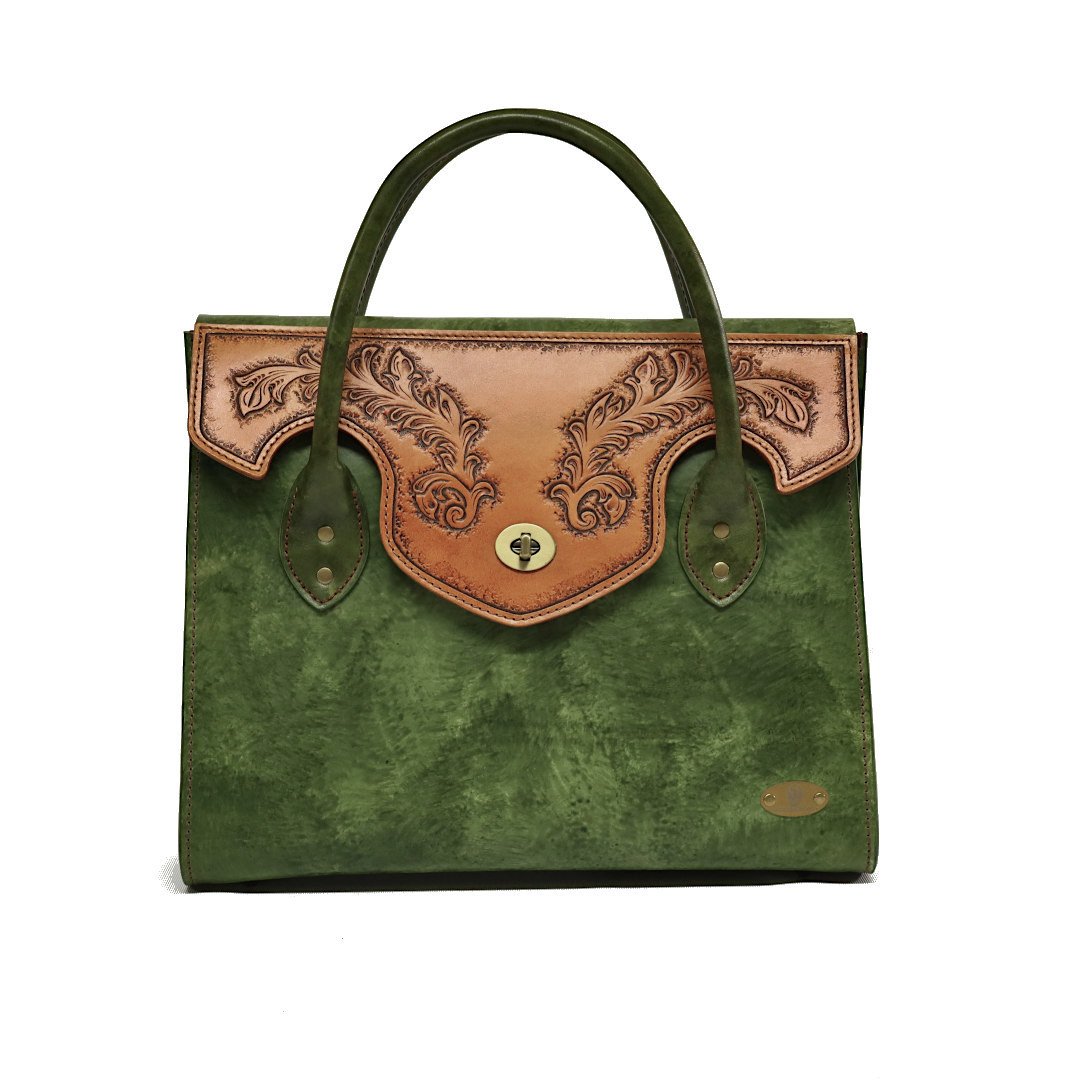 "DIVA" - Borsa Artigianale in Cuoio conciato al Vegetale - Verde - immagine 2
