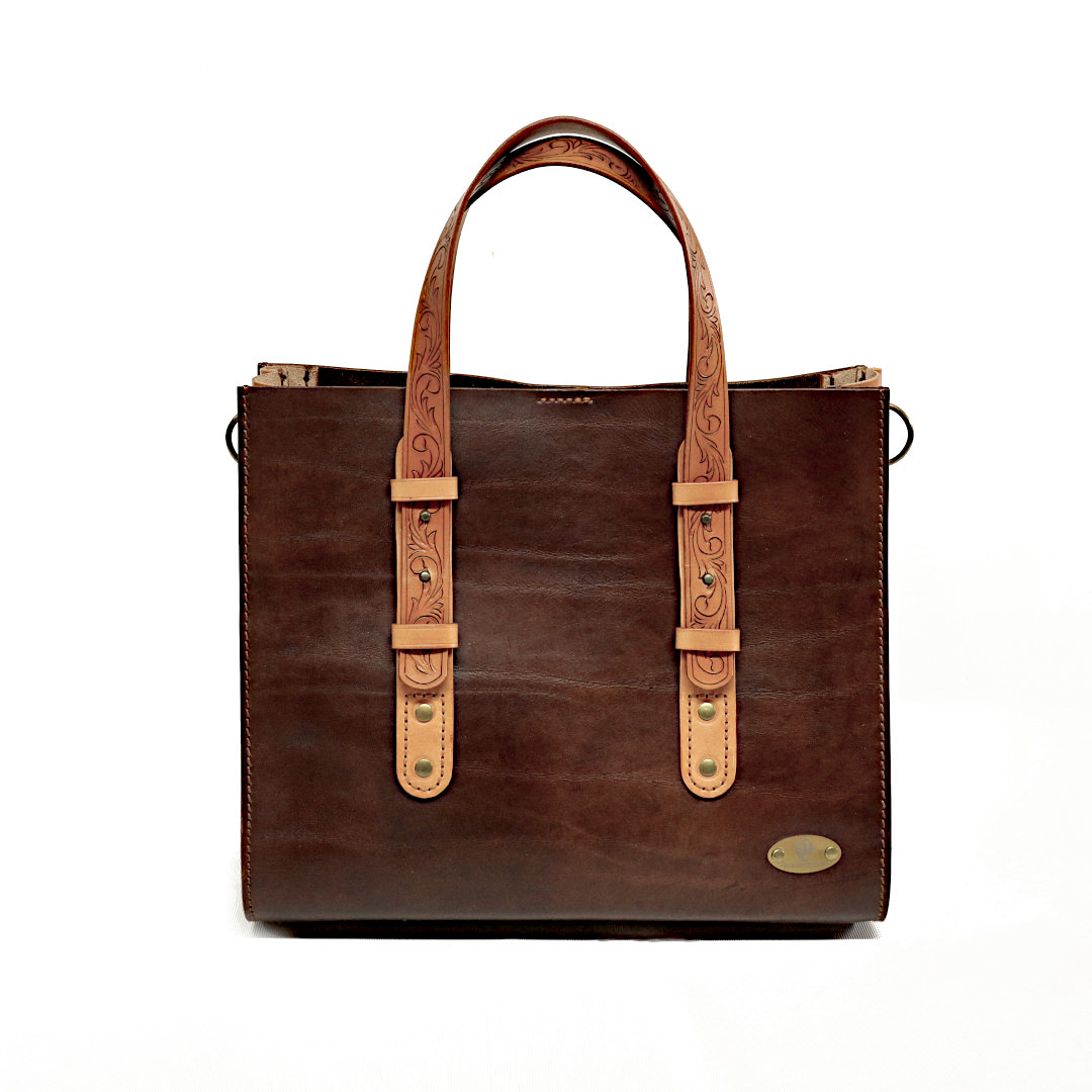 "QUADRA" - Borsa Artigianale in Cuoio conciato al Vegetale - Marrone - immagine 2