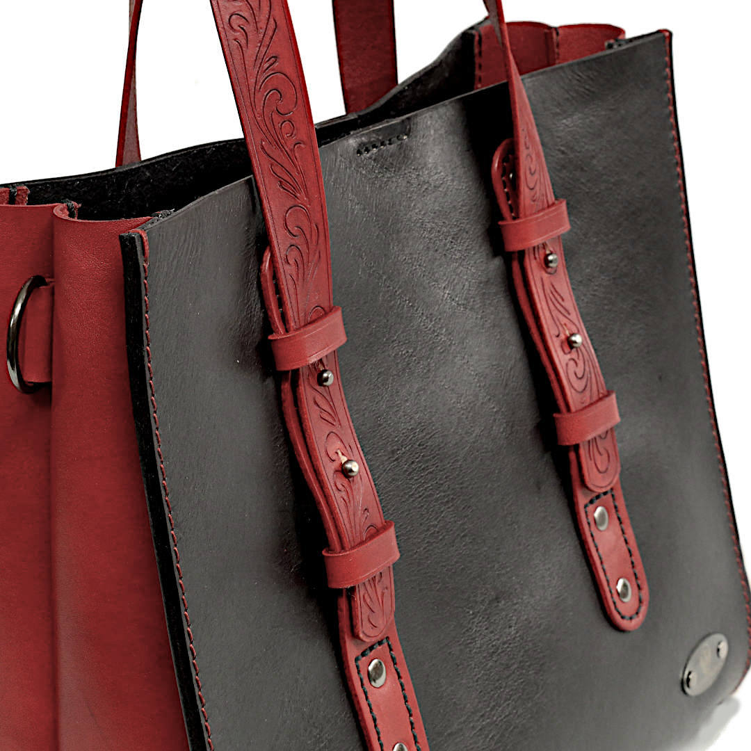 "QUADRA" - Borsa Artigianale in Cuoio conciato al Vegetale - Nera - immagine 3